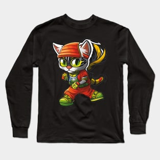 Run in Style with a Cool Cartoon Cat in Streetwear and Sneakers Long Sleeve T-Shirt